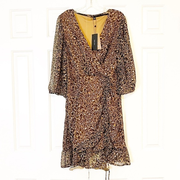 NWT! Vero Moda Tigers Eye Animal Print Leopard Faux Wrap Long Sleeve Dress Large - Picture 1 of 14